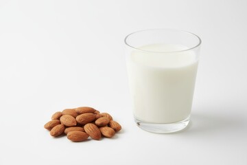 Almonds placed beside a clear glass filled with creamy almond milk, showcasing a healthy beverage choice, ideal for nutrition and wellness themes in modern lifestyle photography