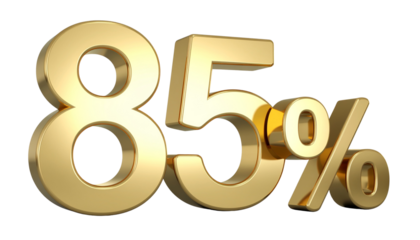 85 percentage gold 3D symbol on transparent background PNG