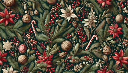 Obraz premium Christmas pattern seamless with poinsettias, holly, pine, and candy canes in green and red