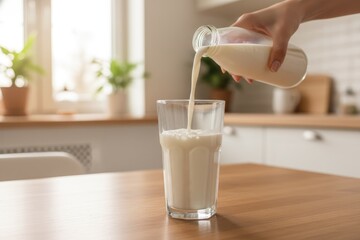 Hand pouring fresh milk from a glass bottle into a clear glass on a wooden table in a bright kitchen, showcasing a healthy beverage preparation scene