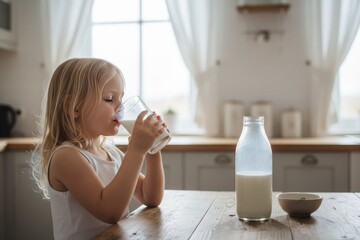 Young girl with blonde hair enjoying a glass of milk at a wooden table in a bright kitchen, with a bottle of milk and a bowl nearby, capturing a cozy morning moment