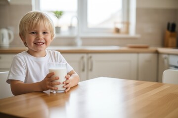 Young boy with blonde hair sitting at a wooden table in a bright kitchen, happily holding a glass of milk, showcasing a joyful moment of childhood and family life