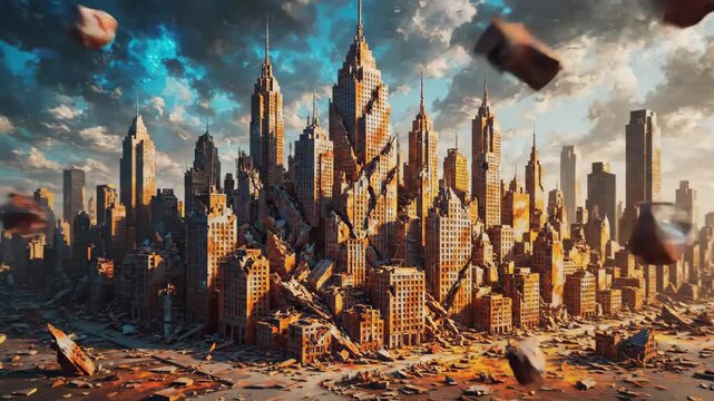 Apocalyptic Cityscape with Flying Debris - The video depicts a dramatic, chaotic scene of a city skyline being torn apart by large, flying debris.