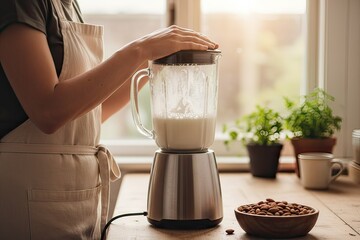 Woman in apron using a blender to prepare a healthy smoothie with milk and almonds on a wooden kitchen countertop, surrounded by plants and natural light