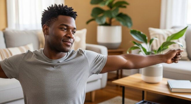 Man stretching arms in living room, relaxation and home exercise for wellness