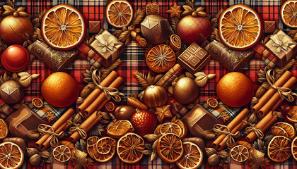 Christmas pattern seamless with oranges, cinnamon, chocolate, and gifts on plaid