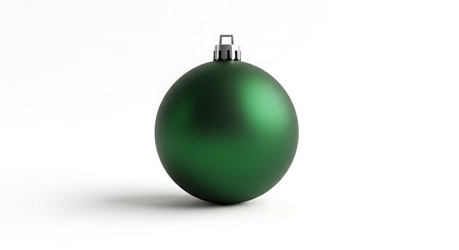 Single matte green Christmas ball ornament isolated on white background. Minimalist holiday decoration 3D rendering with soft shadows. Copious, copy space.