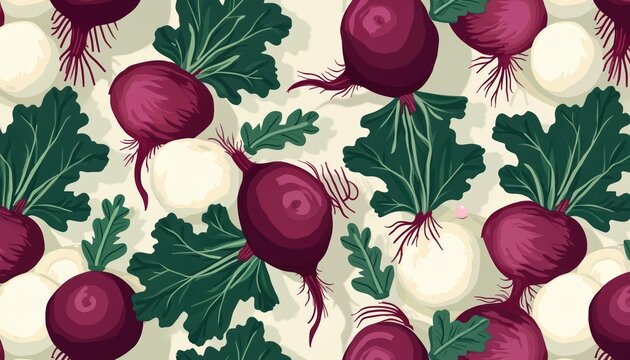 Red beets, white turnips with green leaves arranged in repeating pattern. Vegetables visible roots, depicted with flat design style. Pattern perfect for kitchen decor food packaging.