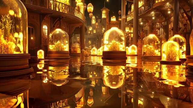 Magical laboratory with glowing orbs and reflections.