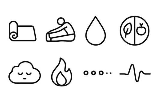 Wellness Icon Set. Wellness Routine Set linear icon set: yoga mat, stretching figure, water droplet, balanced meal, rest cloud, calm flame, progress dots, steady breath line