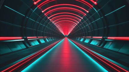 Futuristic sci-fi tunnel with glowing red and cyan neon lights creating an abstract digital pathway background