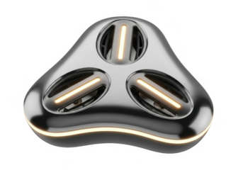 Futuristic metallic device with three illuminated capsules isolated on transparent background