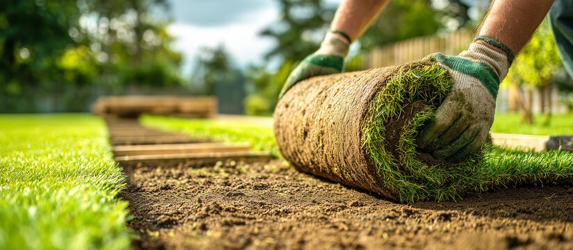 Fresh sod laid in garden yard