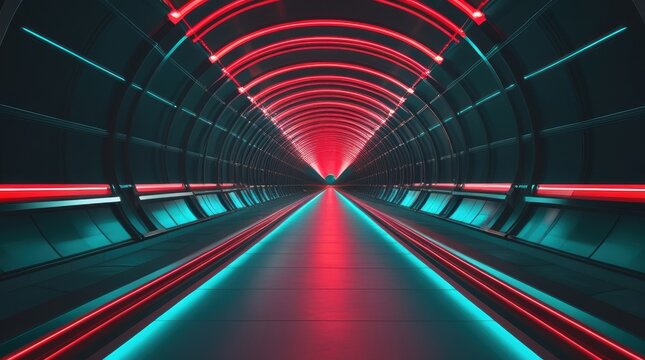 Futuristic sci-fi tunnel with glowing red and cyan neon lights creating an abstract digital pathway background