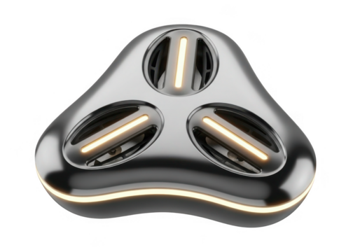 Futuristic metallic device with three illuminated capsules isolated on transparent background