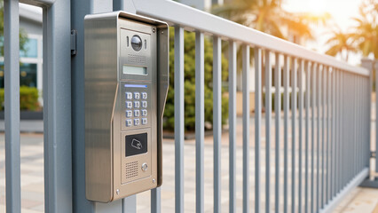 a close-up view of a modern gate intercom with keypad and camera used for secure property access in residential or commercial areas