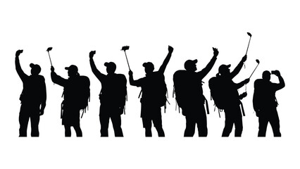 Hikers with selfie sticks silhouettes isolated on white background, Vector