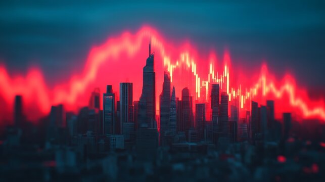 A vibrant city skyline illuminated by a red wave pattern, evoking energy and dynamism, set against a dramatic sky.