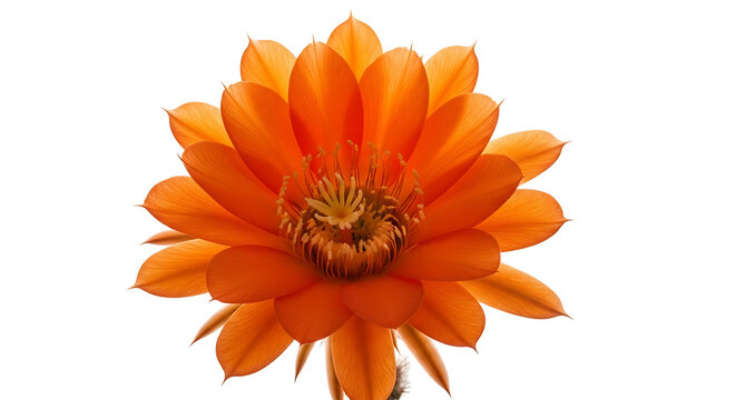Close up of a vibrant orange flower on a white background.