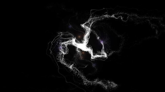 Particle Flight Lens Flare Abstract 4K Loop features streams of particles swirling into the frame converging in the center to reveal multi-colored lens flares against a black background in a loop.