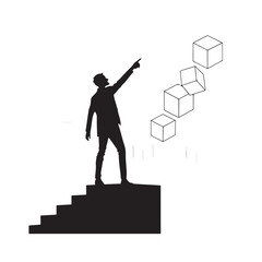 Silhouette man on stairs pointing at floating cubes person steps