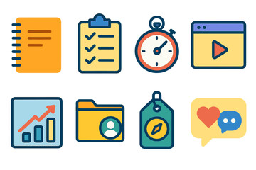 Human Potential Toolkit. Human Potential Development Tools flat icon set: notebook, checklist, timer, tutorial window, chart panel, resource folder, guidance tag, feedback bubble