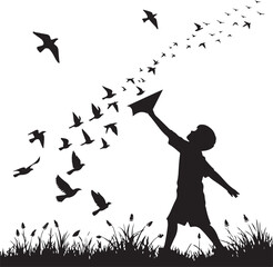 Silhouette of a child releasing a flock of birds into the sky from a grassy field girl