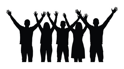 Group of people silhouettes with raised arms isolated on white background, Vector