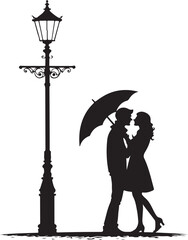 Silhouette of a couple embracing under a street lamp holding an umbrella on a white background love romance