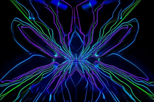 Vibrant psychedelic fractal bloom with electric blue and neon green energy flowing outwards in a symmetrical pattern
