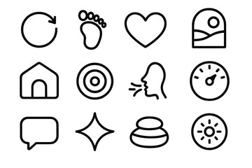 Soothing Emotional Icons. Self-Support Emotion Aids linear icon set: calm reset symbol, grounding line, warm heart icon, perspective-soothing tile, comfort nook badge, reassurance