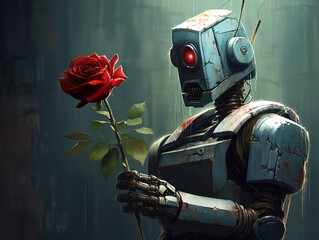 A robot is holding a flower