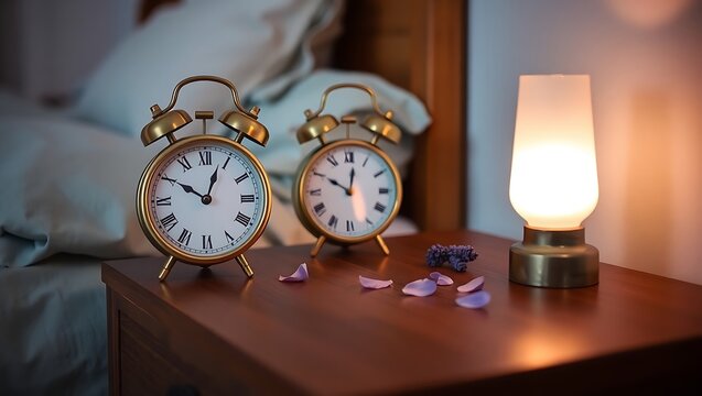 Generative AI Vintage alarm clocks on a bedside table.