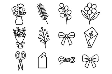 Floral Arrangement Icons. Floral Arrangements linear icon set. vase, pine sprig, eucalyptus leaf, white flower, berry stem, ribbon tie, paper wrap, scissors, tag, knot, twine, bow