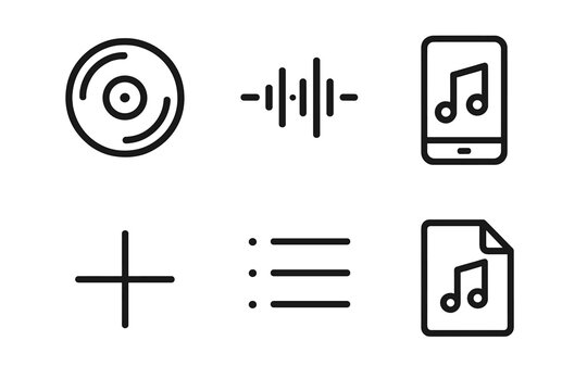 Music Icon Set. Curated Tracks linear icon set. record disc, waveform, smartphone, plus sign, list icon, music file