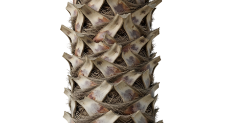 Closeup of a palm tree trunk with textured bark.