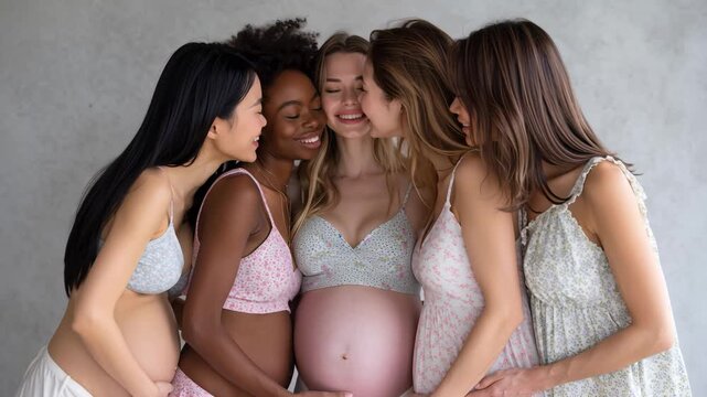 Five diverse pregnant women standing in a row smiling