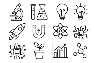 Science Fair Icons. Science fair linear icon set: microscope, test tube, beaker, flask, light bulb, rocket, magnet, atom, circuit board, plant, data chart, model