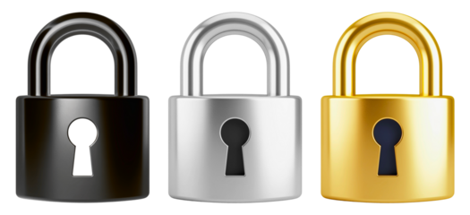 A collection of Metal Padlock with Shiny Shackle, isolated on a transparent background