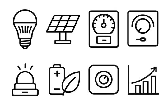 Energy Efficient Icons. Energy Efficient Lighting linear icon set. LED bulb, solar panel, timer switch, dimmer, light sensor, battery, leaf, chart.