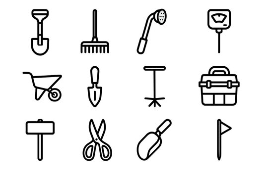 Garden Tools Icons. Collaborative Garden Equipment linear icon set: spade, rake, watering wand, soil test kit, garden cart, planting dibber, compost stirrer, tool organizer box