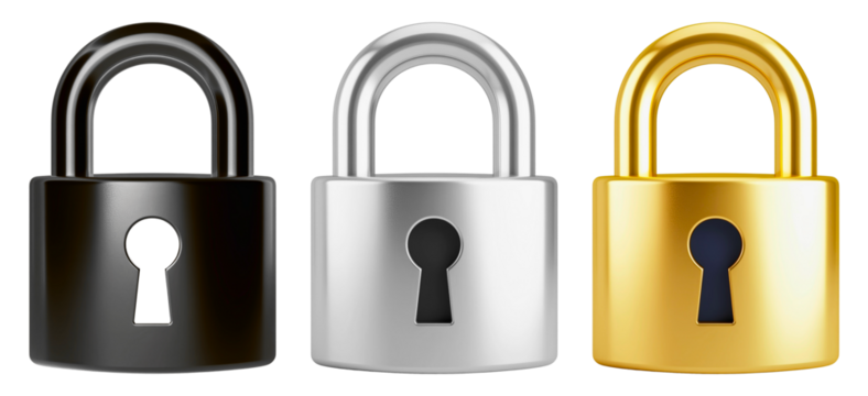 A collection of Metal Padlock with Shiny Shackle, isolated on a transparent background