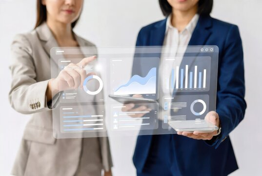 Businesswomen analyzing holographic financial data display with futuristic technology