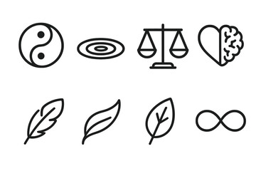 Fototapeta premium Symbolic Balance Icons. Emotional Balance linear icon set: yin-yang, water ripple, scale, heart and brain, feather, flow line, leaf, infinity loop