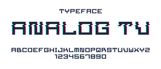 Glitch noisy geometric vector font in analog style, futuristic cyberpunk typeface with digital grunge effect, matrix typography alphabet letters and numbers.