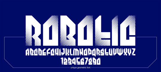 Bold and massive heavy geometric font for logo creation, modern geometrical vector display typeface, typography with no round elements, only corners and straight lines geometry. © Sylverarts