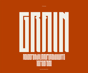 Geometric condensed sans serif typeface, vector tall and massive simple minimal font, poster and advertising letters and numbers alphabet for logos headers or slogans.