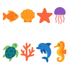 Naklejka premium Vibrant Ocean Icons. Ocean life flat icon set: fish, seashell, starfish, jellyfish, sea turtle, coral branch, dolphin, seahorse