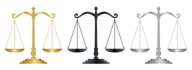 A collection of scale of justice, isolated on a transparent background