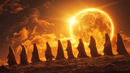 A luminous procession of hooded, robed figures walks across a desert dune under an immense, fiery orange-glowing sun and celestial sky, symbolizing a spiritual journey.
